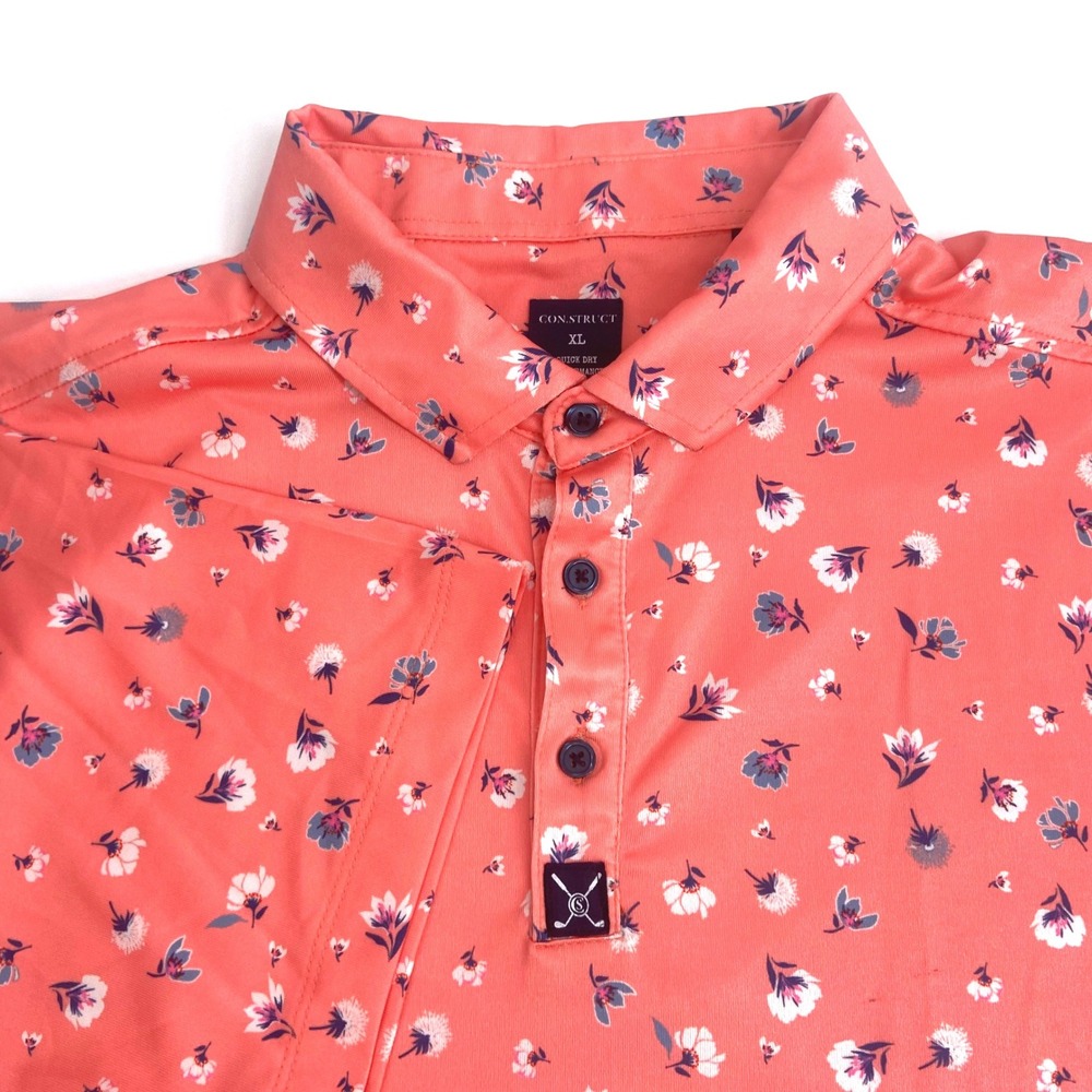 Con.Struct Men's Size XL Coral Pink Floral Quick Dry Performance Golf Polo Shirt